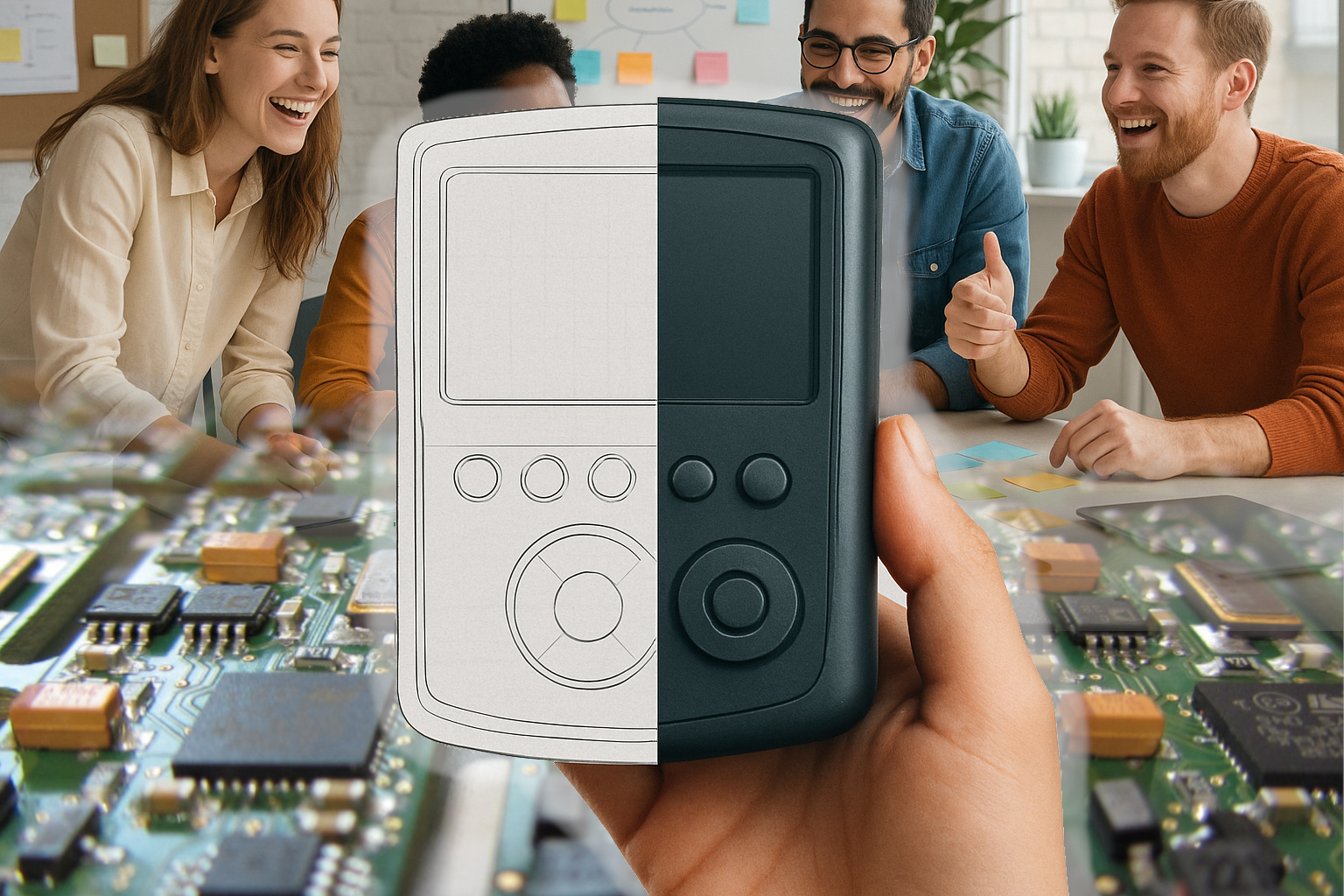 Produkt halb als technische Zeichnung, halb als reales Gerät als Symbol für Integrated Innovation; im Hintergrund oben ein motiviertes Team, unten elektronische Komponenten